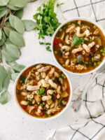 Two bowls of chicken vegetable pasta soup